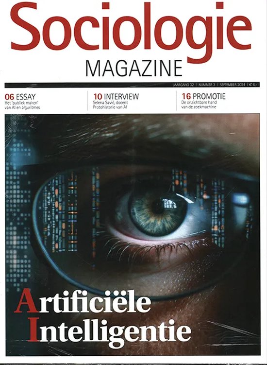 Sociologie Magazine met een close-up van een oog door een bril, met de tekst "Artificiële Intelligentie".