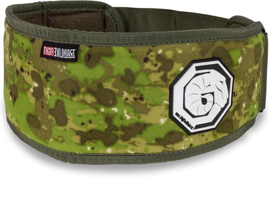 Legergroene heupband met camouflageprint en zwart-wit logo.