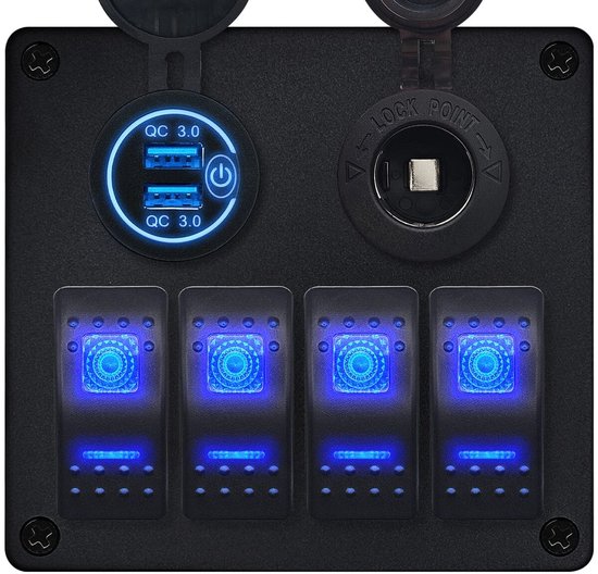 Panneau de commutation ProRide 12V pour voiture/bateau - Chargeur USB 2 ports avec prise allume-cigare - QC3. 0 - 4 commutateurs
