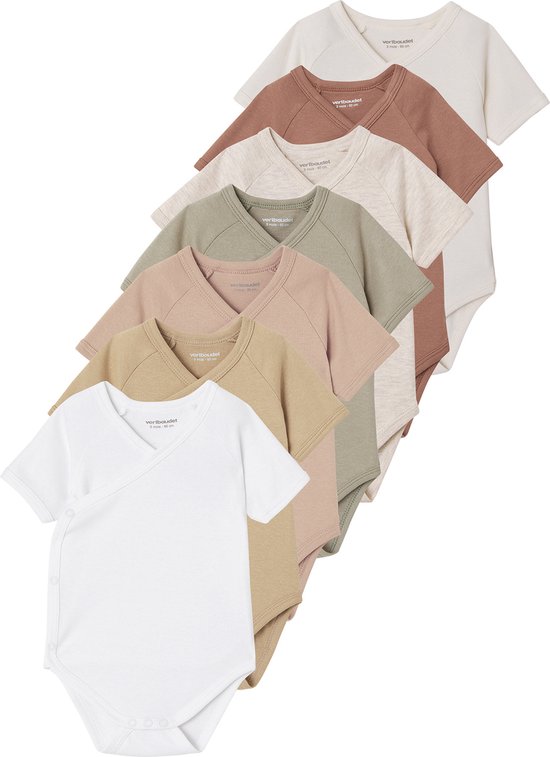 Ensemble de 7 bodies bébé aux couleurs variées : blanc, sable, rose, beige, vert, corail et écru.