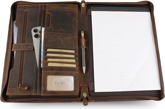 Fana Bags Leren Schrijfmap A4 Bruin - Luxe Leren Conferentiemap met