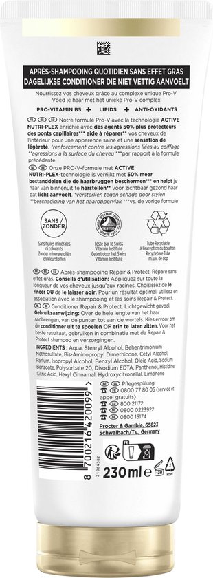 Tube blanc avec capuchon doré. "Pantene Pro-V Repair & Protect Conditioner" en lettres dorées. "Lightweight feel" en lettres blanches.