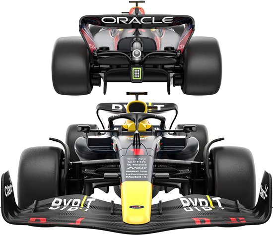 Voor- en achterkant van een zwarte Red Bull RB18 F1 auto met gele en rode accenten.