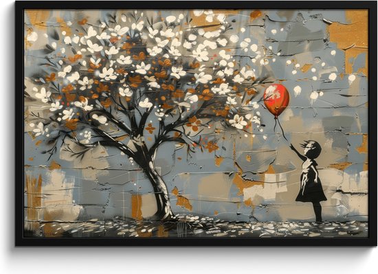 Een meisje met een rode ballon staat onder een bloeiende boom tegen een muur met graffiti.