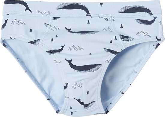 Lichtblauwe slips met donkere walvis- en bergprint.