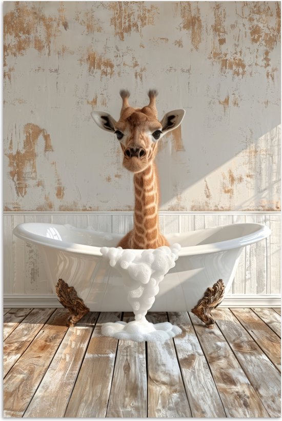 Girafe drôle dans une baignoire avec des bulles, sur un plancher en bois.