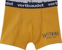 Boxer garçon ocre avec inscription "CAPITAINE NORDIC SEAS" en bleu marine. Ceinture bleu marine avec logo "vertbaudet".