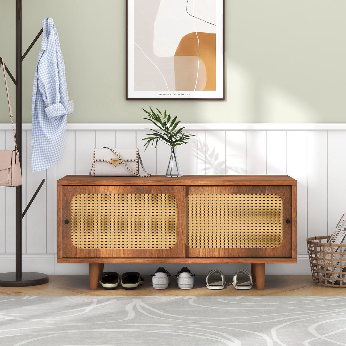 Gutent Rotan Tweedeurs Schoenenkast met Verstelbare planken, Walnootkleur, Voor hal, Woonkamer en Slaapkamer, 104*40*48 cm