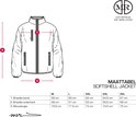 Maattabel voor een zwart softshell jack met maten in cm.