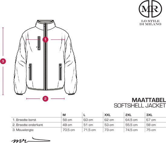 Maattabel voor een zwart softshell jack met maten in cm.