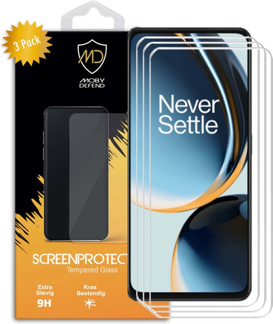 3-pack MobyDefend screenprotectors voor OnePlus Nord CE 3 Lite, met "Never Settle" tekst op de telefoon.