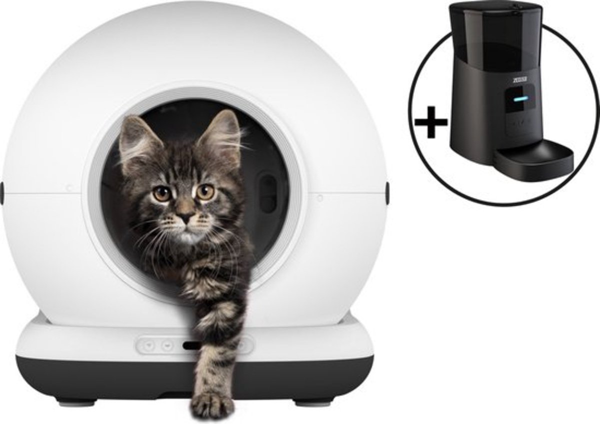 Automatische Kattenbak - Zelfreinigende Kattenbak - Met kattenbakmat, 3 rollen opvangzakjes en Zedar A600 voerautomaat