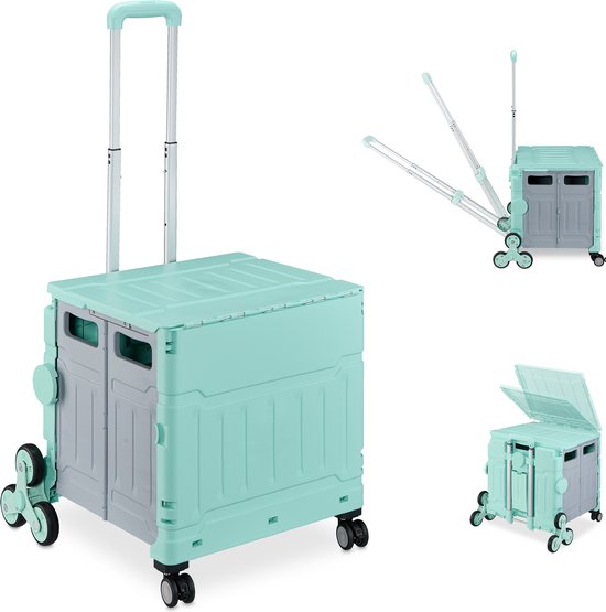 Relaxdays boodschappentrolley traploper, opvouwbaar, krat op wielen, deksel, met handgreep, tot 50 kg, turquoise/grijs