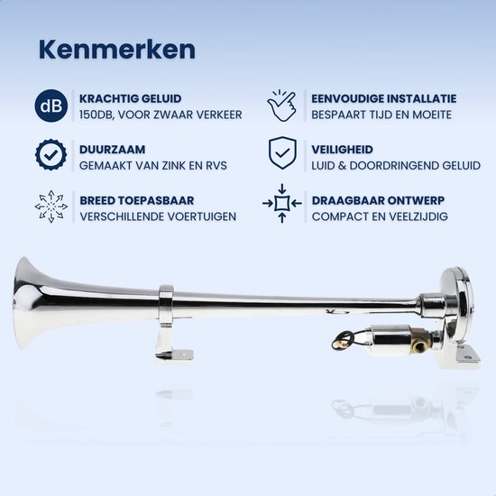 Zilverkleurige luchthoorn met een compressor, 150 dB, gemaakt van zink en RVS. Geschikt voor diverse voertuigen.