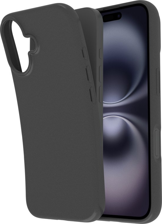 Une coque noire pour iPhone 16 est glissée sur un iPhone 16, partiellement visible.