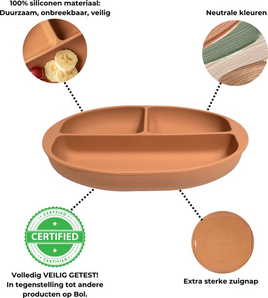 Jikkies® - Siliconen Kinderbord - Baby Bord - Bord - Zuignap - Met Vakken - Beige- Veilig - Duurzaam - Kindvriendelijk - 100% Siliconen - Vaatwasserbestendig - Magnetronbestendig - Veilig Getest van Jikkies — afbeelding 2