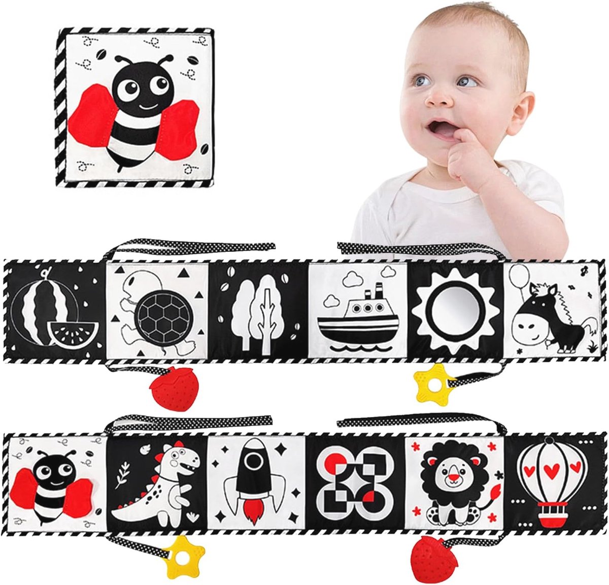 Zwart-wit Babyboek met Spiegel - Dubbelzijdig Stoffen Fotoboek voor Visualisatie en Speelgoed