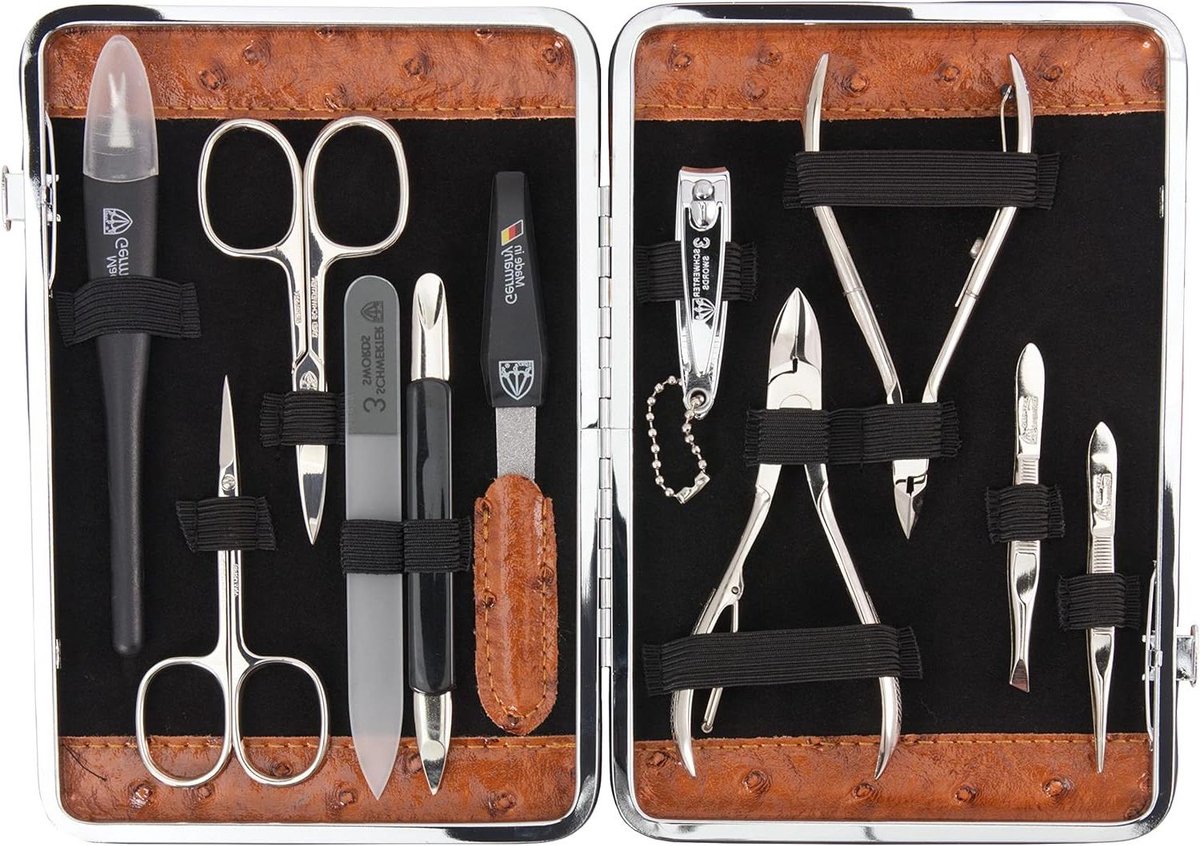 Goedkoopste Manicure Set 11-delig in stevig frame etui - cognac struisvogel imitatie - Germany Fano nagelschaar nageltang