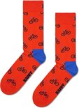 Oranje Happy Socks met all-over print van zwarte fietsen en blauwe boorden.
