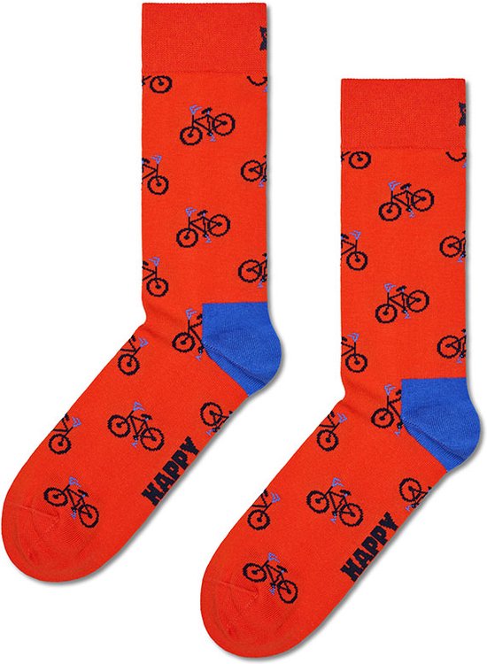 Oranje Happy Socks met all-over print van zwarte fietsen en blauwe boorden.