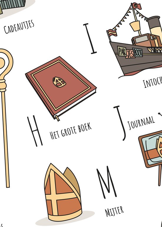 Detail van de Sinterklaas ABC poster met cadeautjes, de staf en het grote boek.
