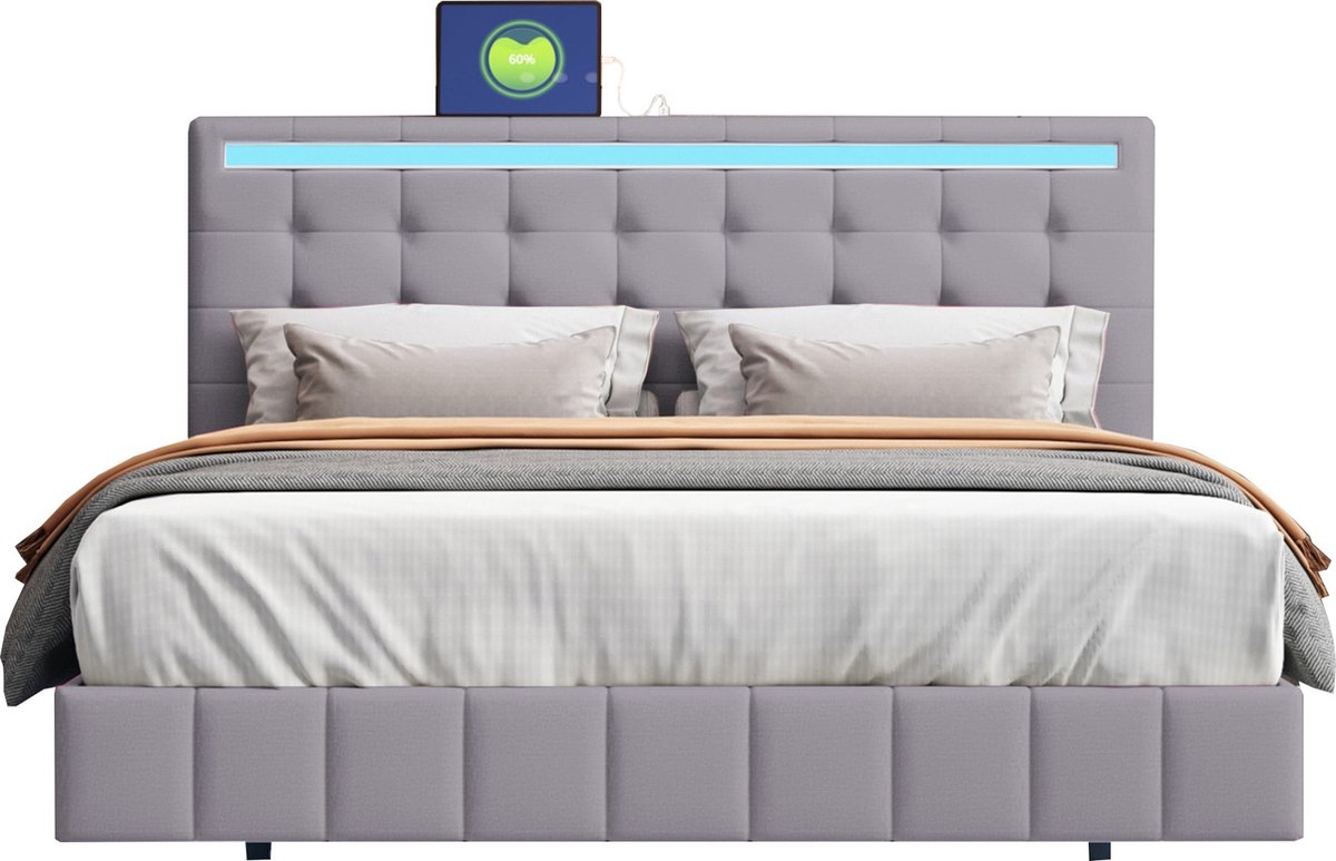 Merax 140x200 cm Bed met LED-Lichtstrip en Hoofdbord - Fluwelen Slaapbank met Versteekte P