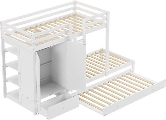Moimhear Stapelbed met uittrekbaar bureau en garderobe, multifunctioneel kinderbed, kinderstapelbed, met lade & planken en ladders, grote opbergruimte, zonder matras, 90 x 200 cm, wit