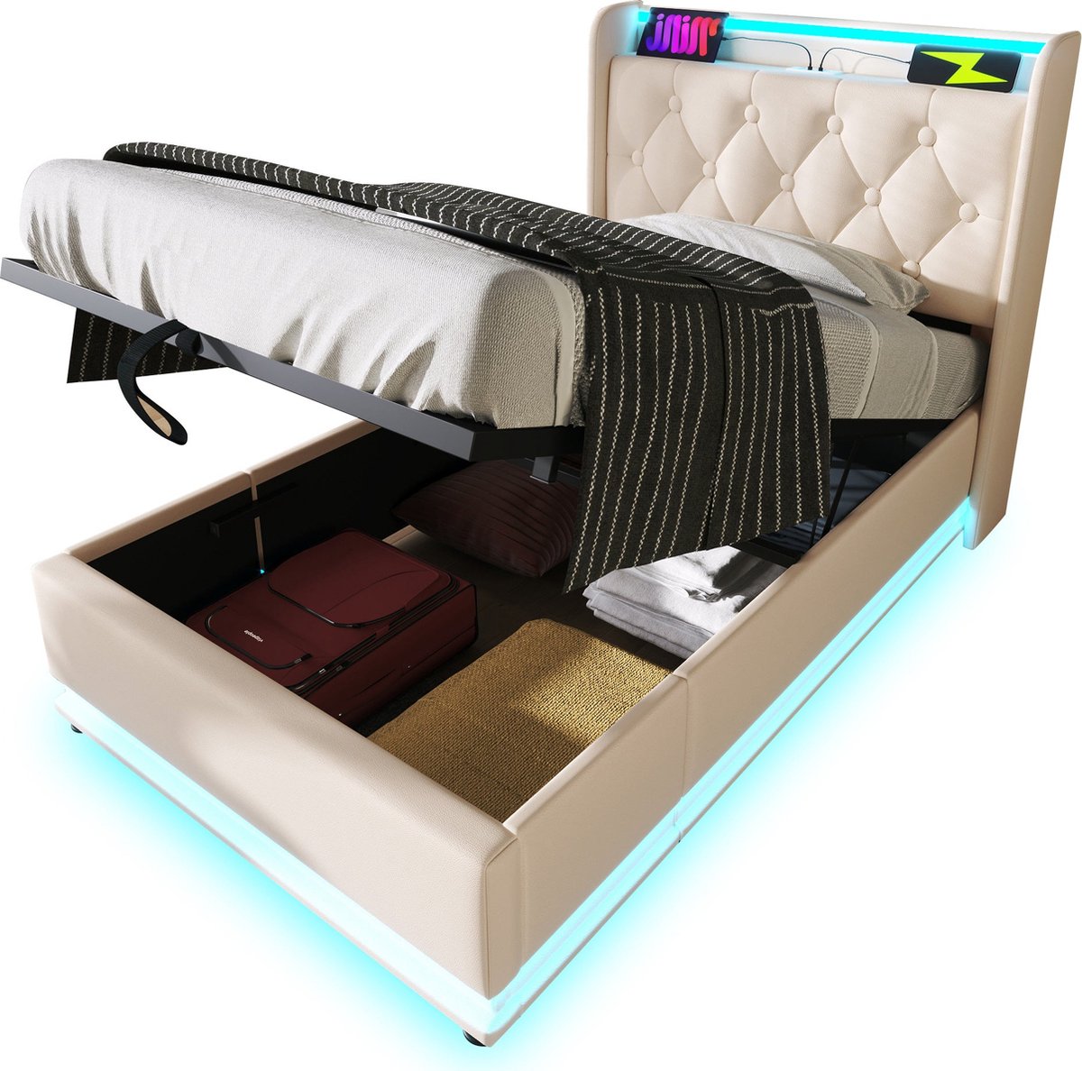 Merax Eenpersoonsbed 90x200 cm met 360° LED-verlichting en USB Type-C Oplaadfunctie - Kunstleer Gestoffeerd Bed met Hydraulisch Opbergruimte - Wit