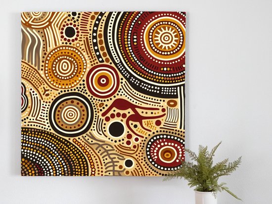 Modern aboriginal schilderij | Hedendaags stuk met traditionele Aboriginal invloeden op modern canvas | Kunst - 30x30 centimeter op Canvas | Foto op Canvas