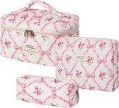 Set de trousse de Maquillage portable 3 pièces - Trousse de toilette - Fleurs - Roses - Doux - Katoen - Maquillage - Trousse - Femmes - Filles - Avec fermeture éclair - Organisateur de cosmétiques - Rose - Accessoires de voyage - Essentiels de voyage