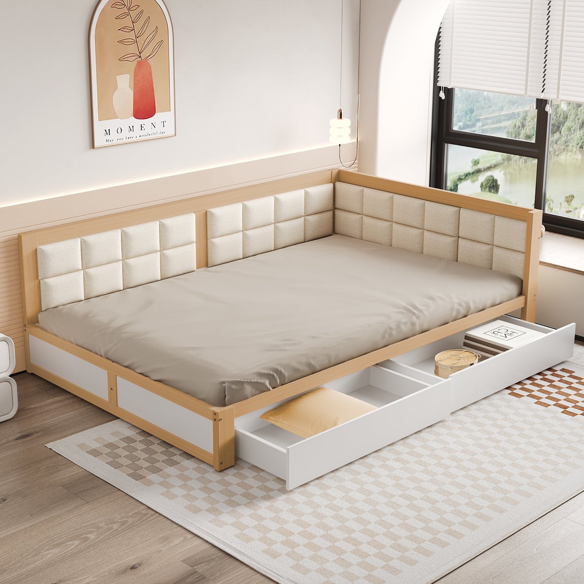 L-vormig gestoffeerd bed, slaapbank 140x200 cm met bloemenmotief op de rugleuning en