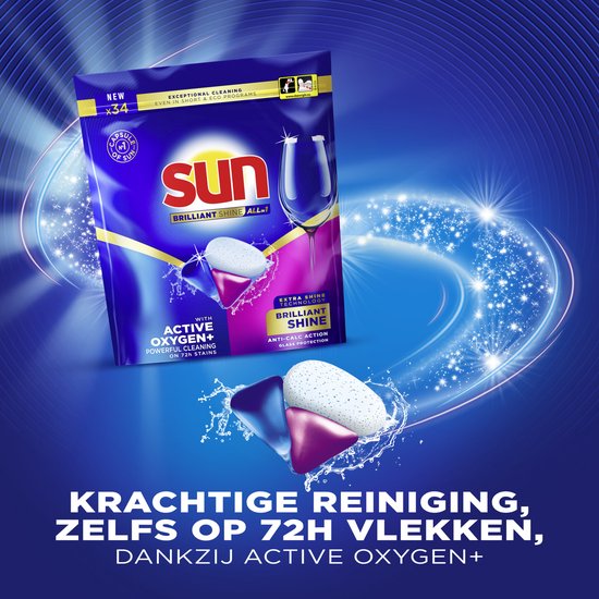 Pak Sun vaatwastabletten 'Brilliant Shine All in 1' met een glas en glinsterende effecten.
