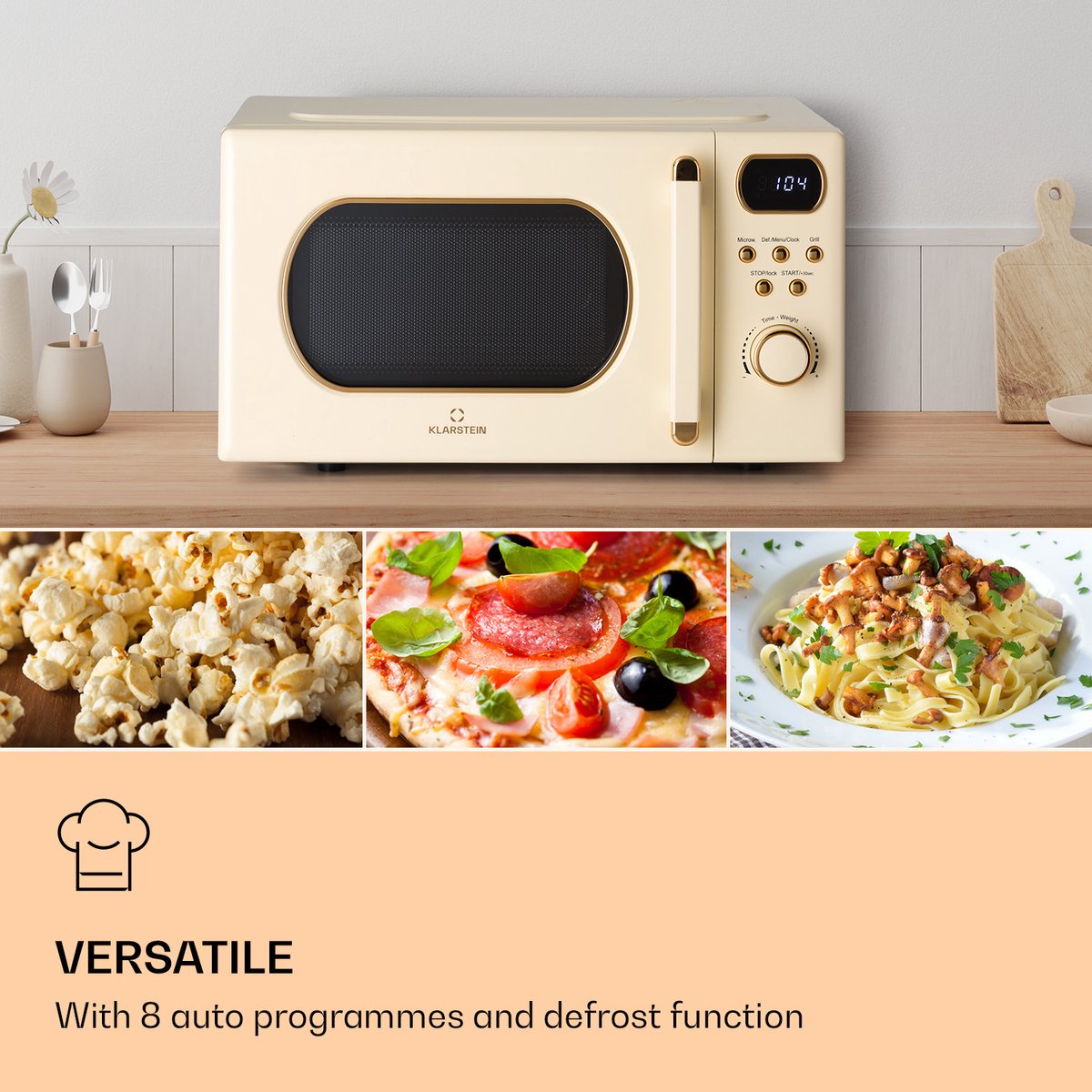 Klarstein Magnetron met Grill, 800 W, 20 Liter, 3-in-1 RVS Crème, Met Ontdooien en Pizzafunctie, Draaiplateau, Compact thumbnail 2