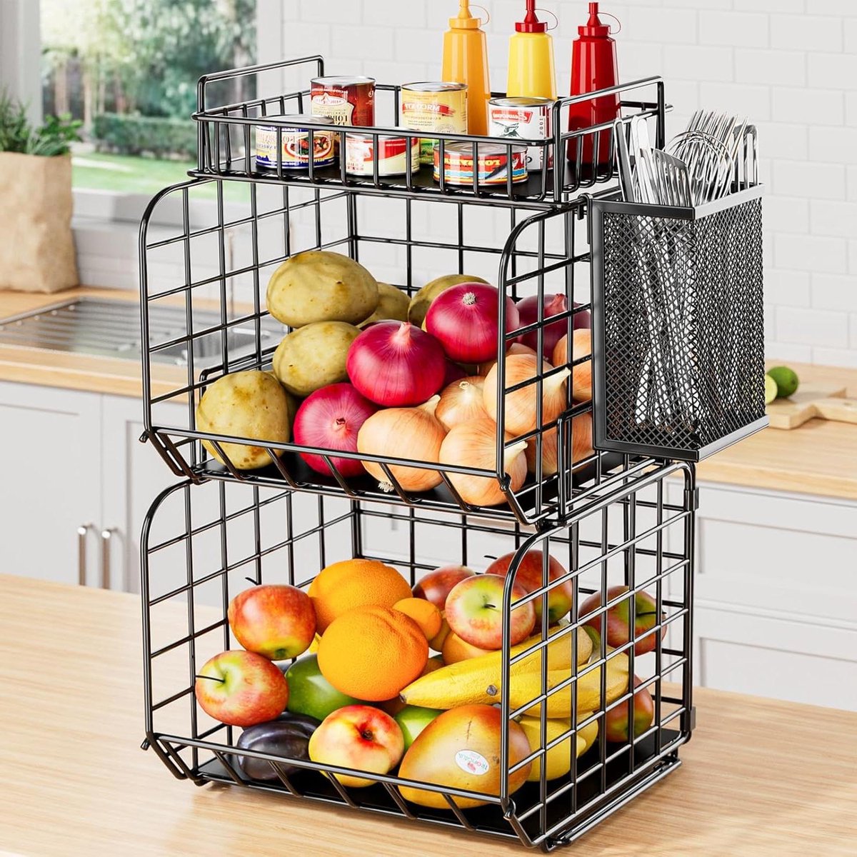 Fruitmand voor aan de muur (30*15,5*21,6 cm), stapelbare fruitmand voor aan de muur