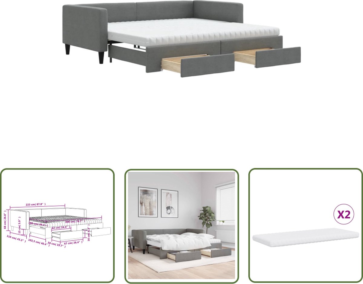 The Living Store Slaapbank met onderschuifbed - 223x212.5x68 cm - 2-in-1 - donkergrijs