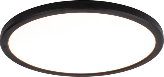 Ronde, zwarte LED-plafondlamp van 29cm met een warm wit licht (2700K).