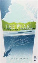 Boekomslag van 'The Pearl' van John Steinbeck. Onder water zwemt een duiker, boven water een boot en palmbomen onder een zonnige hemel. Tekst: 'It is said that humans are never satisfied, that you give them one thing and they want something more.'