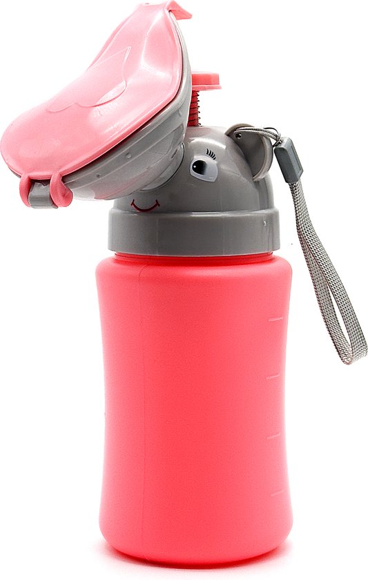 Roze draagbaar noodtoilet met grijze olifantenkop en roze dop. Met hengsel.