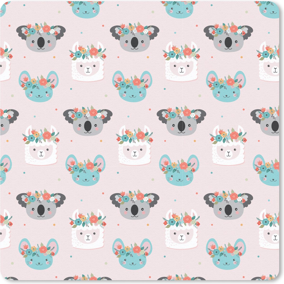 Muismat 30x30 cm - Mousepad Lama - Koala - Bloemen - Pastel - Muismatten