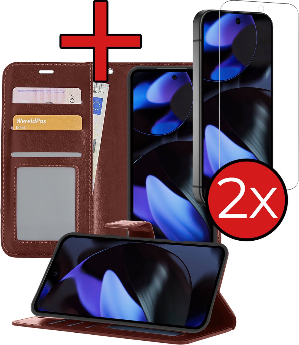 Hoesje - Met 2x Screenprotector - Geschikt voor Google Pixel 9 - Luxe Pasjeshouder - Flip Case - Bookcase Portemonee - Kunstleer Book Case - Flipcase Hoes - Book Cover - Walletcase - Portemonneehoes - Telefoonhoes - Bruin