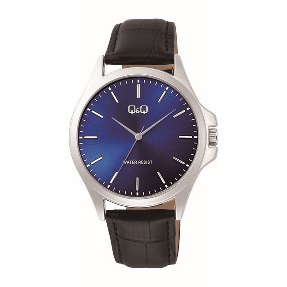 QQ C36A-012PY - Horloge - Analoog - Mannen - Heren - Leren band - Rond - Metaal - Cijfers - Zwart - Zilverkleurig - DonkerBlauw