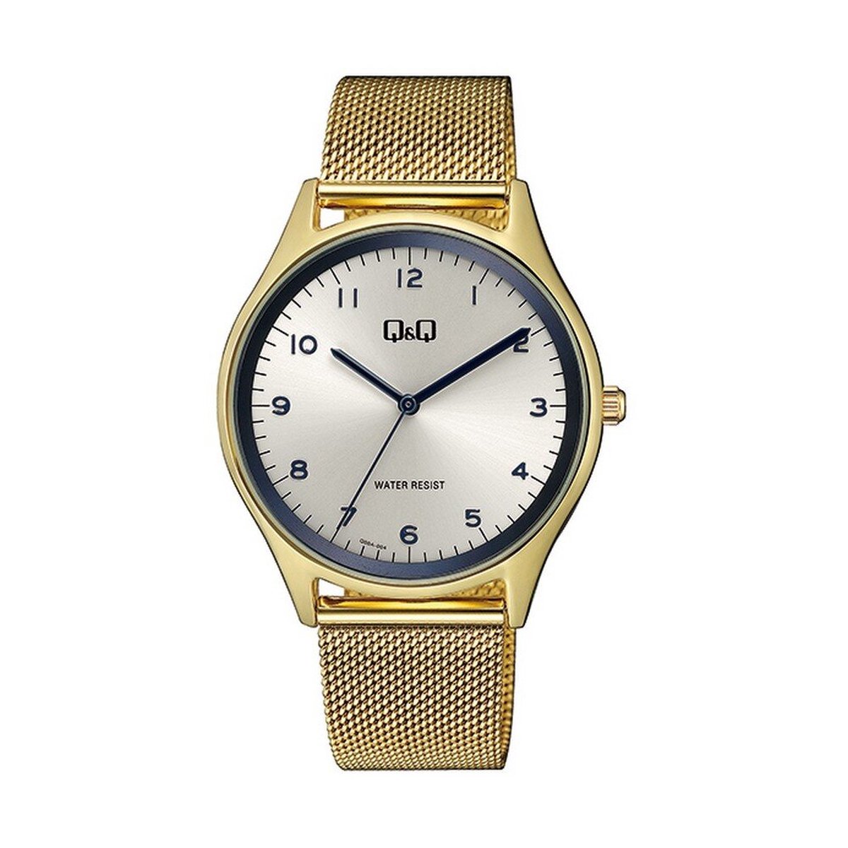 QQ Q00A-004PY - Horloge - Analoog - Mannen- Heren - Mesh-Milanese band - Rond - Metaal - Cijfers - Goudkleurig - Zilverkleurig -Blauw