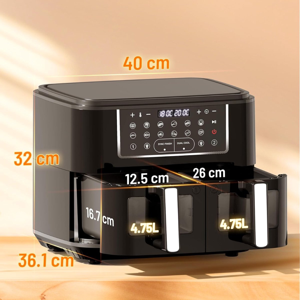 Afbeelding 2 van Equivera Dubbele Airfryer - Dubbele Mand - Dual Cook - Heteluchtfriteuse - Verschillende Programma's - Dual Zone - Mega