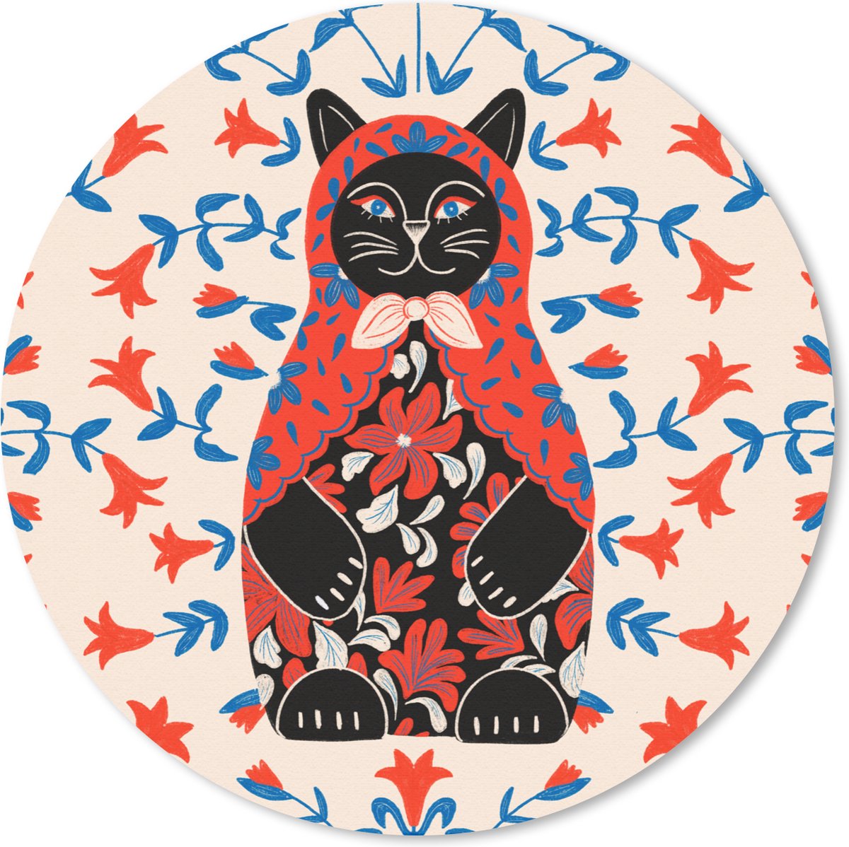 Muismat rond 30x30 cm - Mousepad Matroesjka - Bloemen - Kat - Ronde muismatten