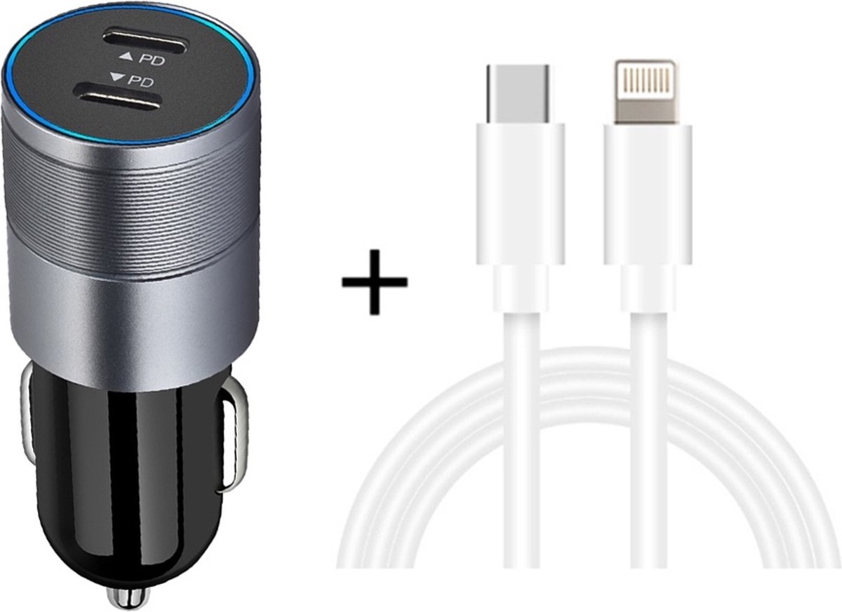 Autolader met 2X USB-C Poort 40W Snellader + 8-Pin kabel geschikt voor iPhone en iPad- Auto telefoon oplader - sigarettenaansteker - universeel - grijs