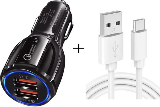 Autolader met 2X USB 3.0 Poort 30W Snellader + 1M USB-C kabel - Auto telefoon oplader - sigarettenaansteker - universeel - zwart