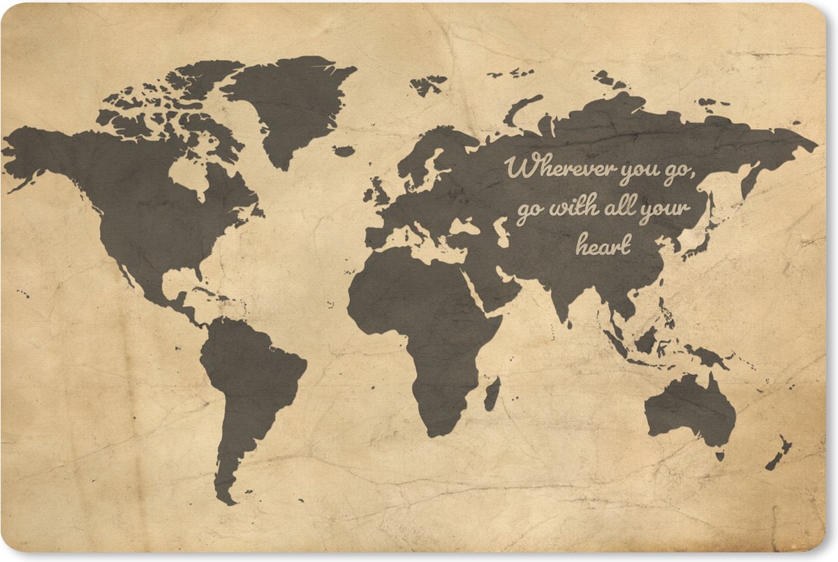 Muismat WereldkaartenKerst illustraties - Vintage wereldkaart met de quote Wherever you go, go with all your heart muismat rubber - 60x40 cm - Muismat met foto