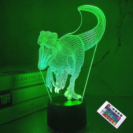 FULLOSUN Dinosaurus Cadeaus, T-rex Dinosaurus 3D Nachtlampje Voor Kinderen 4 Patronen Met Afstandsbediening En 16 Kleuren Veranderende En Dimbare Functie En Geschenkverpakking Kerstverjaardagscad