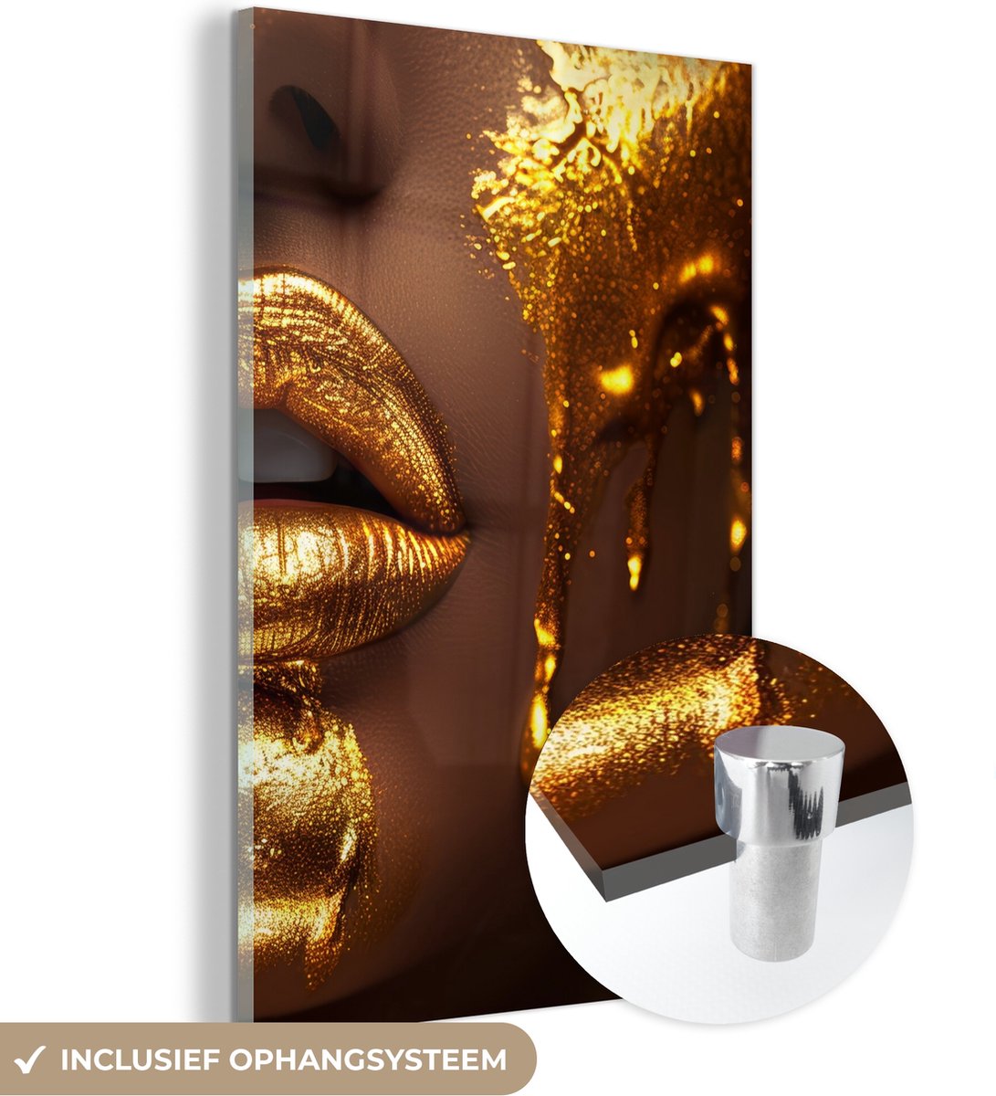 MuchoWow® Glasschilderij 120x180 cm - Schilderij acrylglas - Vrouw - Goud - Gezicht - Verf