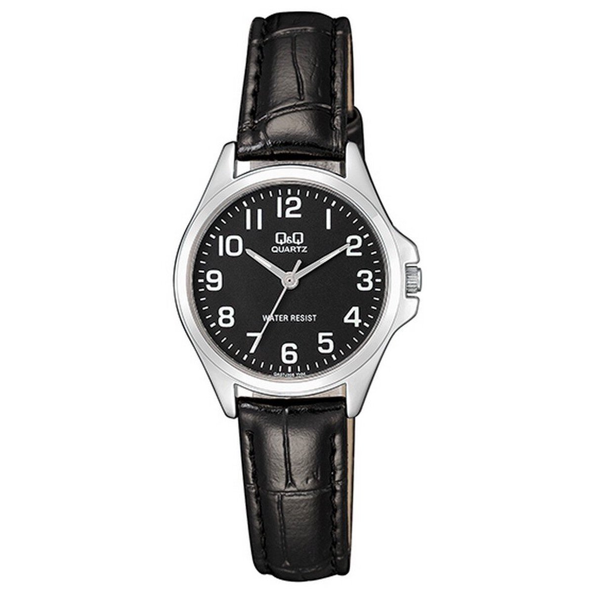QQ QA07J305Y - Horloge - Analoog - Dames - Vrouwen - leren band - Metaal - Rond - Zwart - Zilverkleurig - 5 ATM